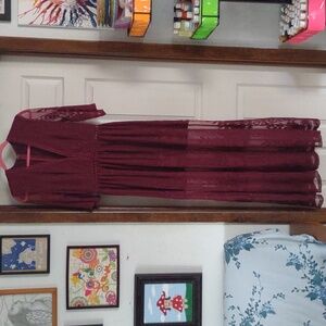 Womens v-neck lined back zipper sheer crochet waist wine lace overlay dress